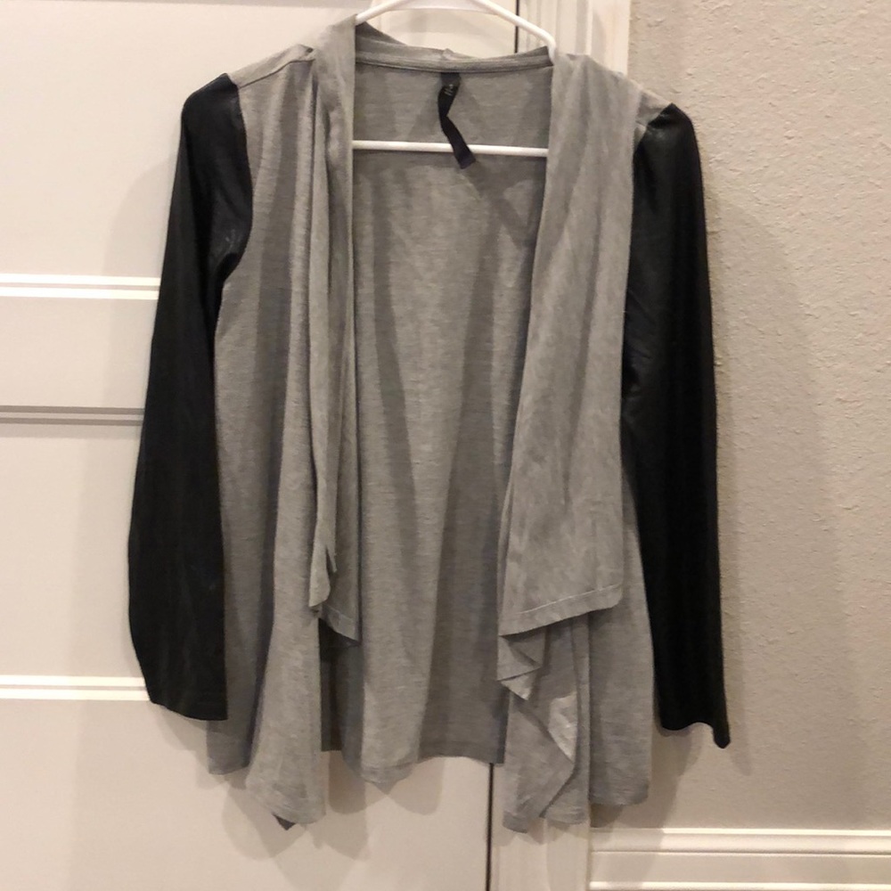 Gray Cardigan with Pleather Sleeves